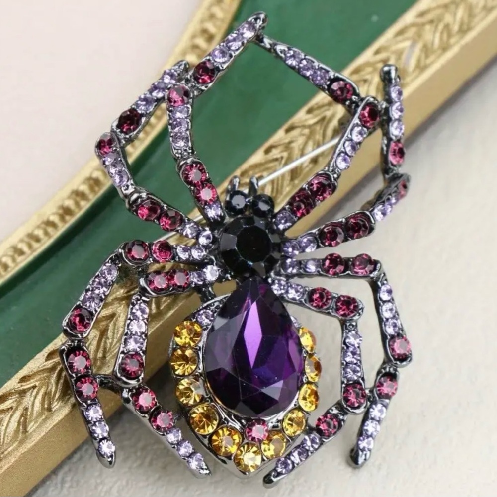 Badass Spider Brooch, Purple, yellow, black Crystals, Lapel Pin, Halloween
